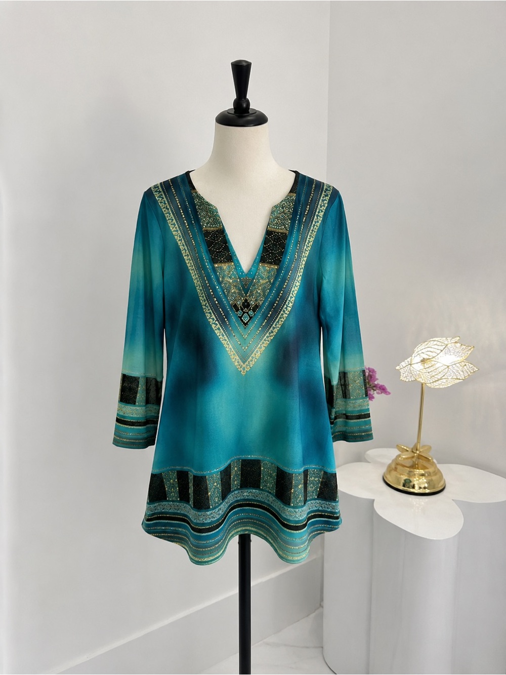 B.L.E.U. Teal V-Neck Embellished Women's Tunic